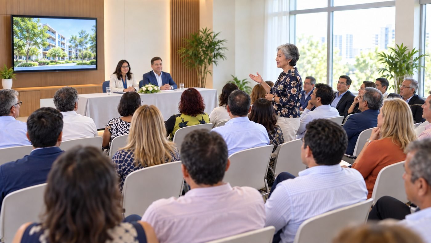 Assembleia de condomínio: condôminos sentados ouvem uma moradora que fala de pé, diante da mesa diretora
